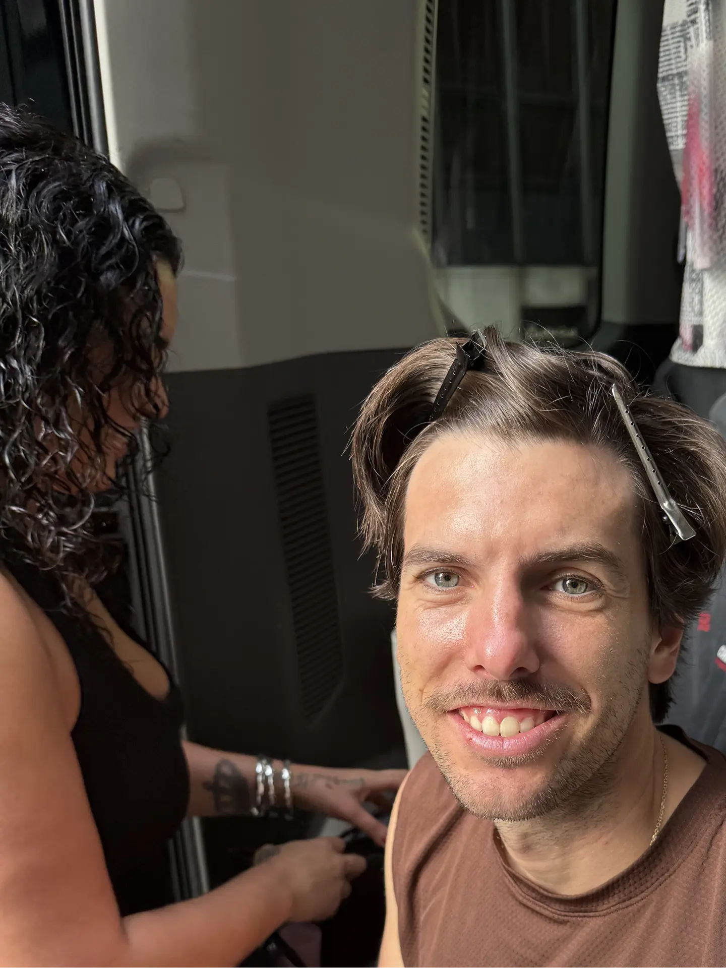 Hair styling for the reporter in the trailer