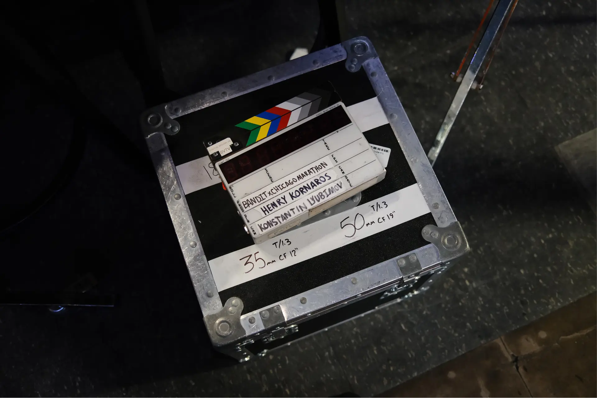 Clapperboard on a road case